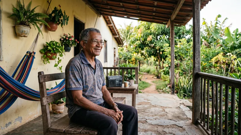 Senhor idoso sentado na varanda de casa, sorrindo