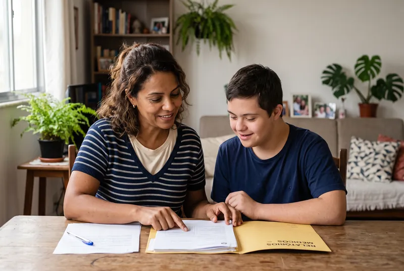 Mãe e filho jovem com síndrome de Down analisando relatórios médicos à mesa