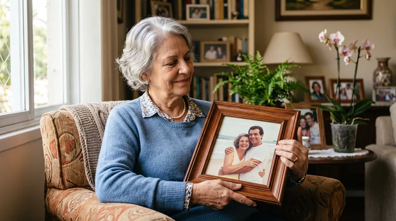 Senhora idosa segurando um porta-retratos com uma foto de família