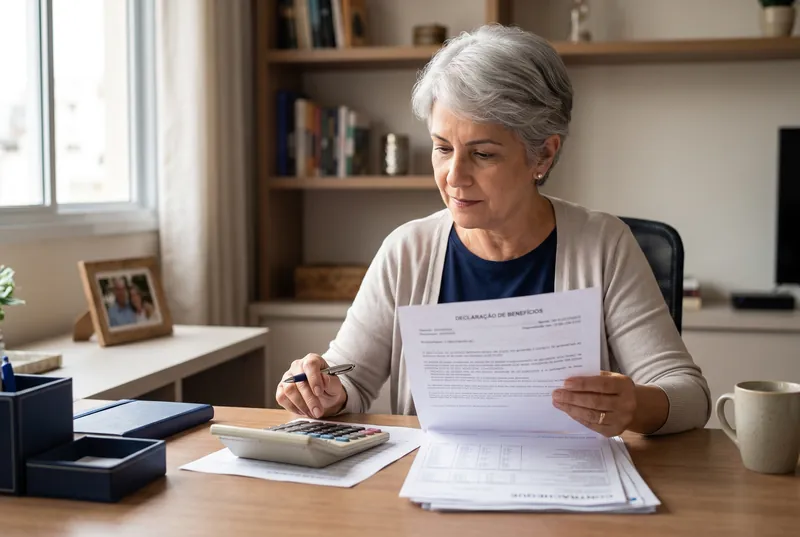 Senhora aposentada conferindo documentos do benefício com uma calculadora